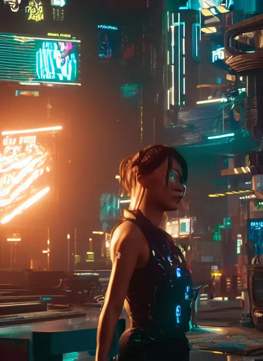 Image similar to film still of Kathryn Celestre as Johnny Silverhand in Cyberpunk 2077, gameplay, 8k, HD