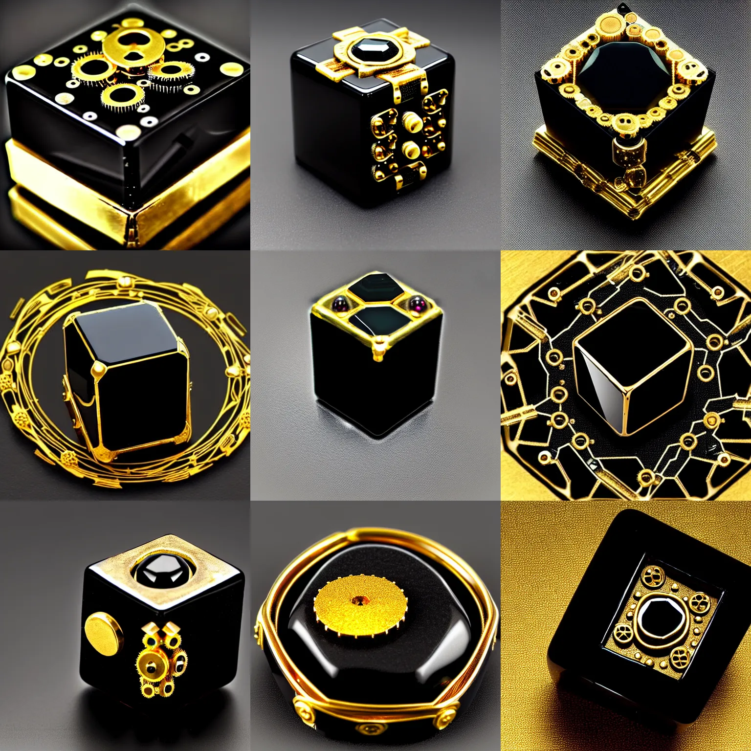 Prompt: a small black cube, made of polished onyx stone. it has golden metal mechanisms, springs, cogs, gears, and glowing veins of energy on its surface. it has elaborate shiny jewels embedded in it. inked in a fantasy style.