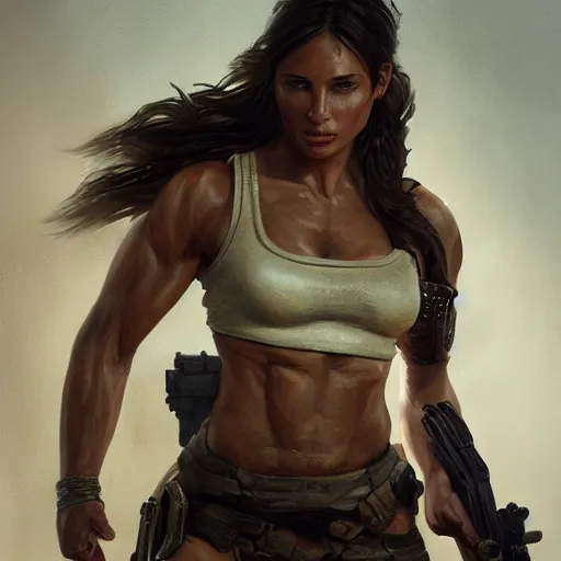 Prompt: detailed portrait of lara croft as a female bodybuilder military officer, fantasy, intricate, elegant, highly detailed, digital painting, artstation, concept art, matte, sharp focus, illustration, art by aenaluck and roberto ferri and greg rutkowski, epic fantasy, digital painting