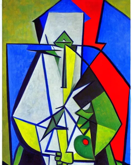 Prompt: cubism painting of an orc warrior inspired by Pablo Picasso. Lord of the Rings abstract surrealism.