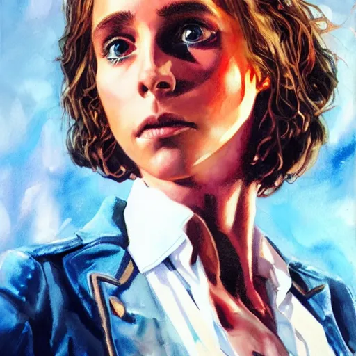 Image similar to detailed details photorealistic pictures of hermione with bachelor jacket in the style of bob peak and alex ross, gouache and wash paints color, detailed details facial and body and human and environments and proportionate, detailed 5 k details.