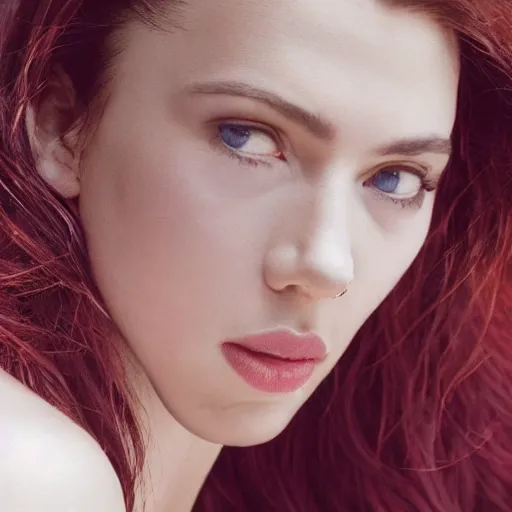 Image similar to a beautiful medium - shot of scarlett johansson looking off into the distance, sleek angled bob hairstyle, ultra realistic, soft, blue hour, soft neons light from falling on her face. focus on her eyes and brows. by annie leibowitz