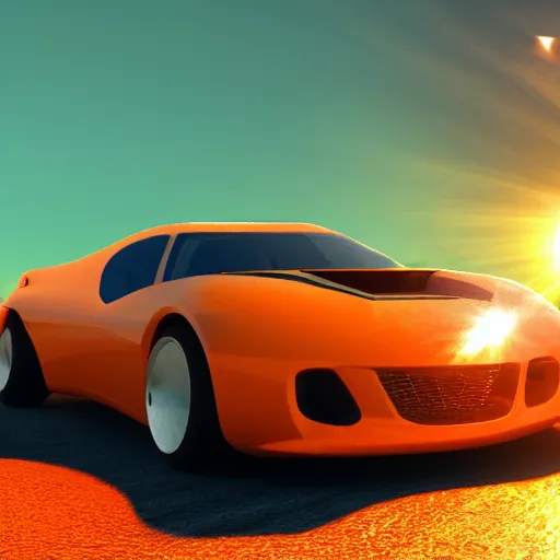 Image similar to a car is flying in front of a bright orange sun, a raytraced image by Mārtiņš Krūmiņš