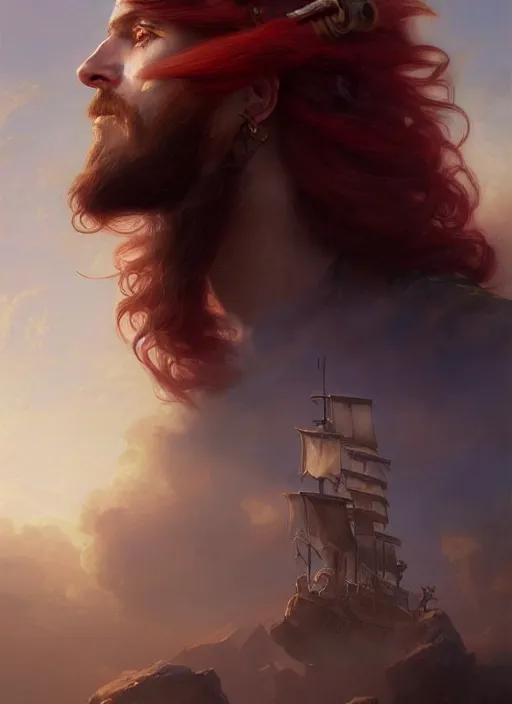 Image similar to portrait painting of a long hair red hair male pirate, soft hair steampunk airship in the sky art by raphael lacoste and stephan martiniere greg rutkowski gaston bussiere fantasy soft hair trending on artstation key art dramtic volumetric lighting, 4 k, award winning