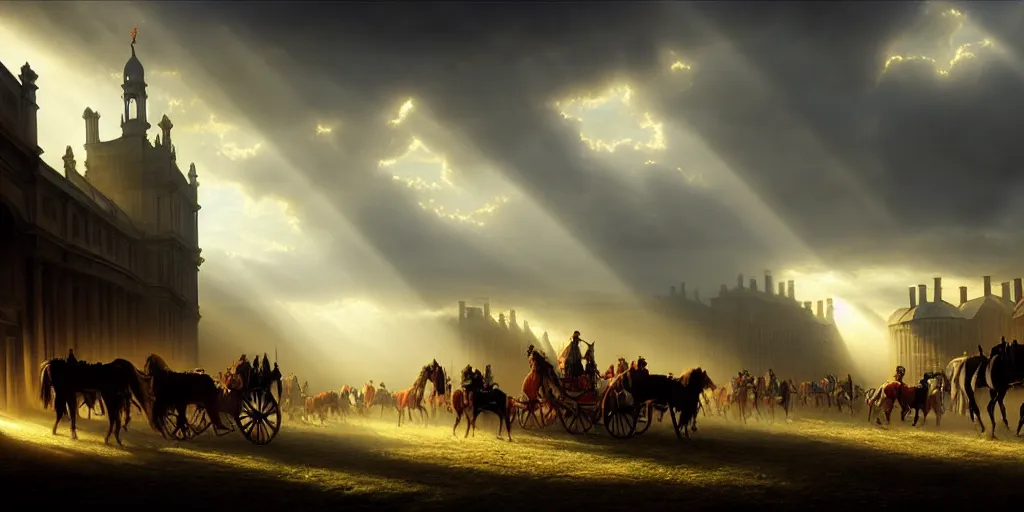 Prompt: 1 8 th century london, god rays, carriages with horses, digital art, landscape, fantasy art, octane render, ureal engine, high detail, very realistic, by greg rutkowski. by james gurney