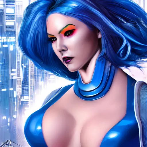 Prompt: beautiful futuristic cyber punk woman, photo realistic, hyper detailed, comic book illustration, blue hair, voluptuous