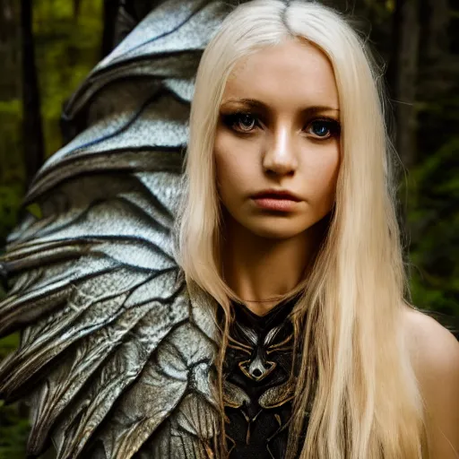 Image similar to very pretty blond dragon girl with scales for skin and huge dragon wings in a dark forest, perfect symmetrical face, shallow depth of field, moody lighting, single point of light, 8 k, ultra realistic, in the style of,