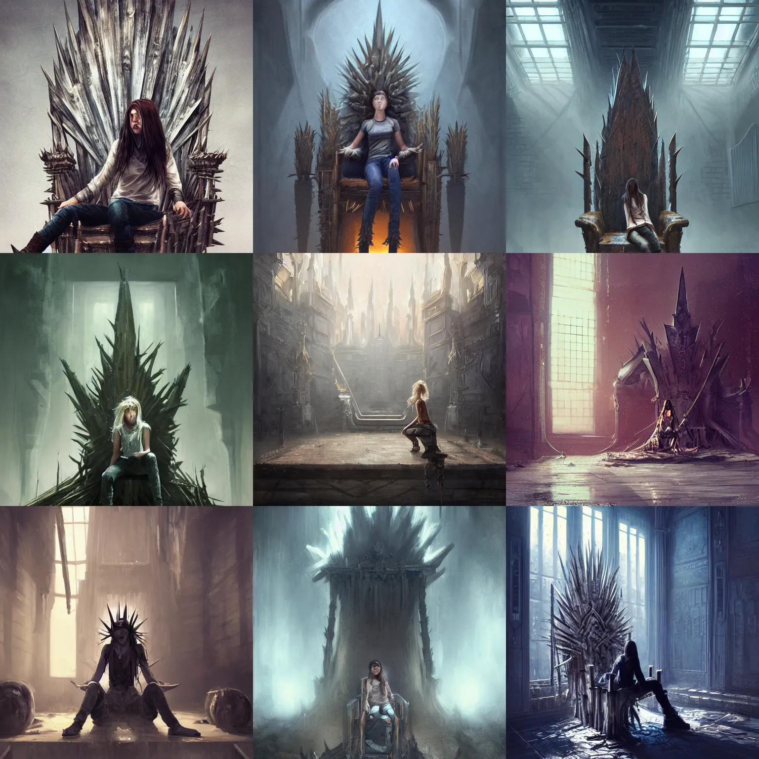 Prompt: masterpiece WLOP paiting of a tall spikey throne room with a dirty teenage girl with brown hair with a serious face, wearing old jeans and worn shirt sitting in a tall throne os spikes, dirty and old, volumetric lighting, foggy, featured on Artstation, by WLOP, Ross Tran, Greg Rutkowski