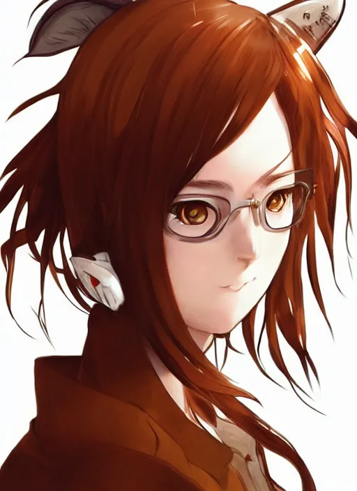 Prompt: portrait illustration by shigenori soejima, beautiful girl with fox ears, focus on face, pretty, cinematic lighting, painterly, long wavy orange hair, light brown trenchcoat