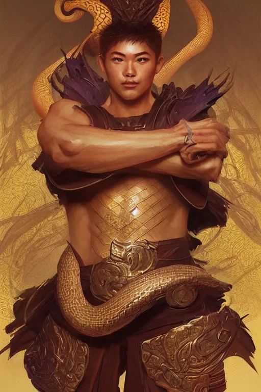 Prompt: male snake king warrior, treasure room, highly detailed, digital painting, artstation, concept art, smooth, sharp focus, illustration, art by artgerm and greg rutkowski and alphonse mucha and andrei riabovitchev