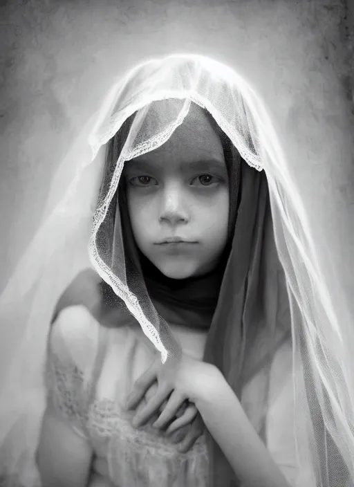 Prompt: a young girl with a veil on her head, a character portrait, featured on cg society, art photography, ethereal, soft light, androgynous