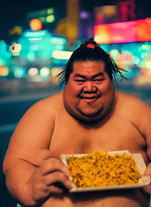 Image similar to sumo wrestler eating crispy tacos, holding hot sauce, portrait, photo realism, bokeh background, neon lights, city background, high definition, slr