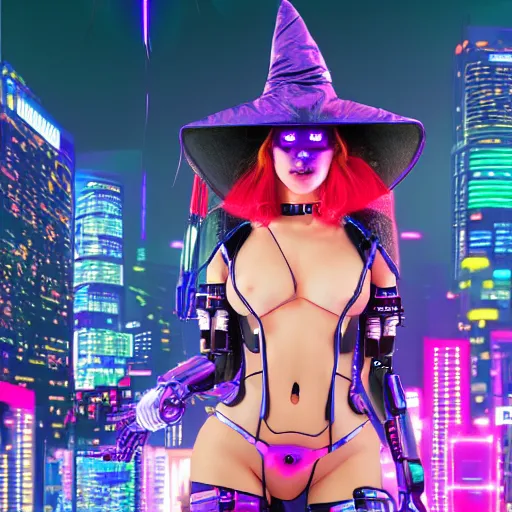 Image similar to detailed portrait cyberpunk robotic cybergirl with witch hat on flying cyberbroom in night city at giant japanese neon label 4 k, digital art