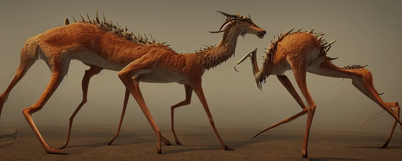 Image similar to creature design, a gazelle with crustacean carapace, cryptid, cinematic lighting, octane render, cinematic aura lighting, atmospheric, photorealistic, hyperdetailed 3 d matte painting, hyperrealism, hyperrealistic