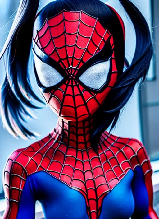 Image similar to full-body portrait Anime spiderman cosplay girl cute-fine-face, pretty face, realistic shaded Perfect face, fine details. Anime. realistic shaded lighting by katsuhiro otomo ghost-in-the-shell, magali villeneuve, artgerm, rutkowski Jeremy Lipkin and Giuseppe Dangelico Pino and Michael Garmash and Rob Rey