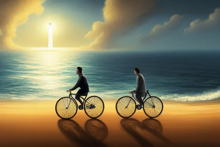 Image similar to photo of man riding a bicycle along the beach, glowing underwater toward a lighthouse in the distance guiding his way, silhouette, wide horizon, large white clouds, night, intricate, elegant, highly detailed, digital painting, artstation, concept art, smooth, sharp focus, illustration, art by artgerm and greg rutkowski and fra angelico