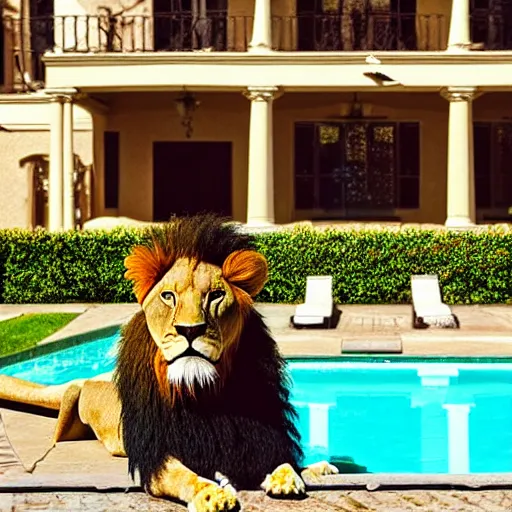 Image similar to a very detailed photo of a lion ( smoking a cigar ) outside the mansion by the pool