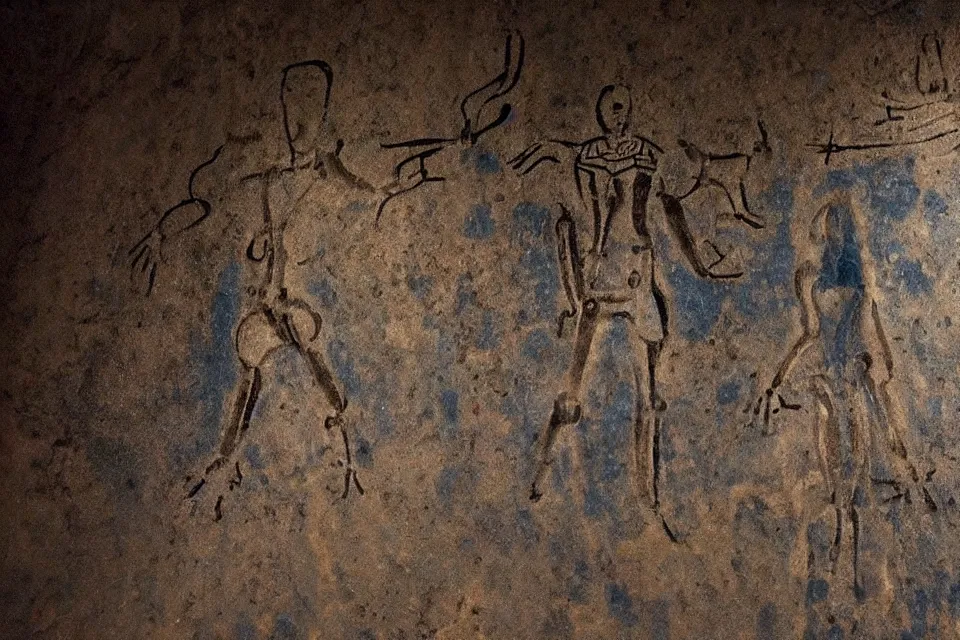 Image similar to a cave painting of a sci - fi robot. lascaux cave paintings, chauvet