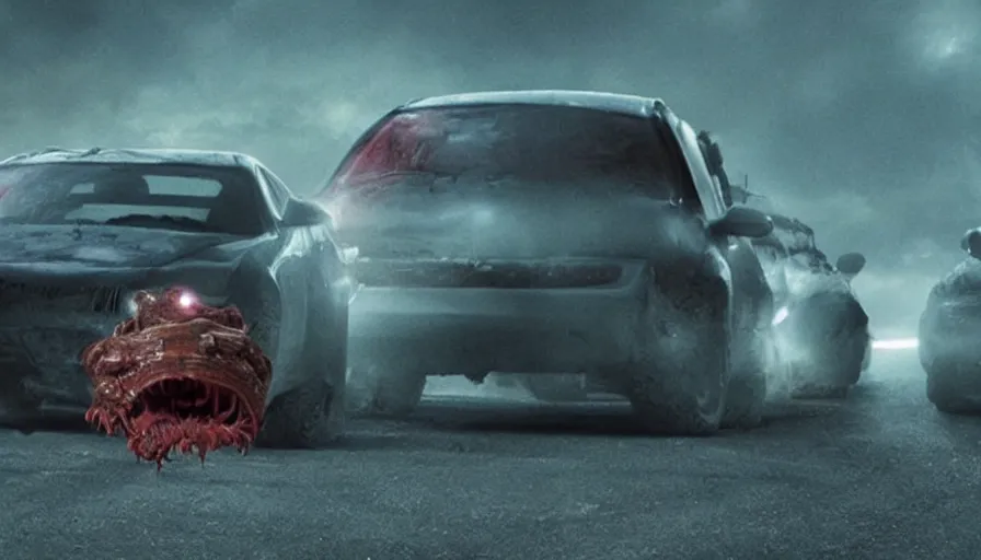 Prompt: Big budget horror movie about a robotic worm monster eating a car