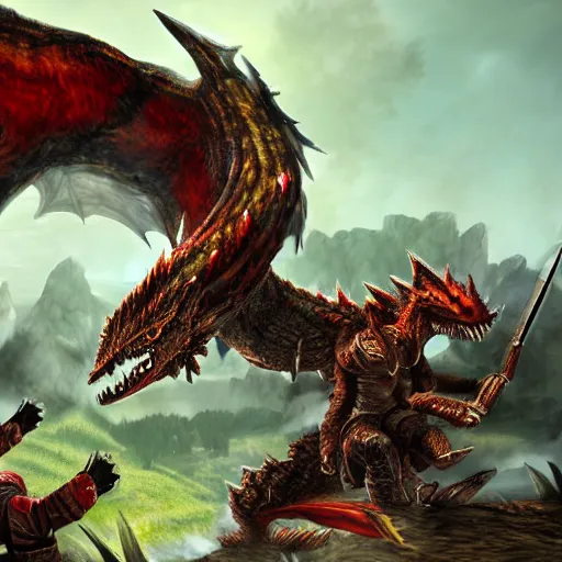 Image similar to rathalos attacking to 4 hunters, fire, elegant, highly detailed, hunters, digital painting, monster hunter, unreal engine