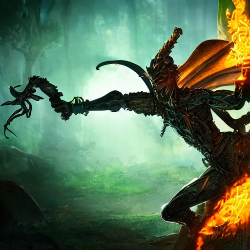 Prompt: half-cyborg human hero warrior with a flaming sword fighting off a winged draconoid demon in a magical forest, in an elven urban area. Fantasy style, photorealistic, 55mm lens