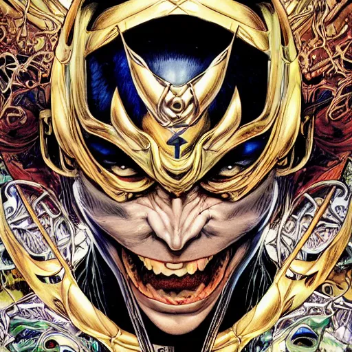 Image similar to portrait of crazy loki, symmetrical, by yoichi hatakenaka, masamune shirow, josan gonzales and dan mumford, ayami kojima, takato yamamoto, barclay shaw, karol bak, yukito kishiro