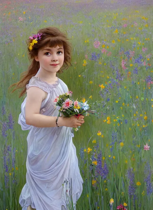 Image similar to a cute little girl with a round cherubic face, blue eyes, and short wavy light brown hair smiles as she stands in a field of colorful wildflowers. she is wearing a turquoise dress and holding a bouquet of wildflowers. beautiful painting by artgerm and greg rutkowski and alphonse mucha