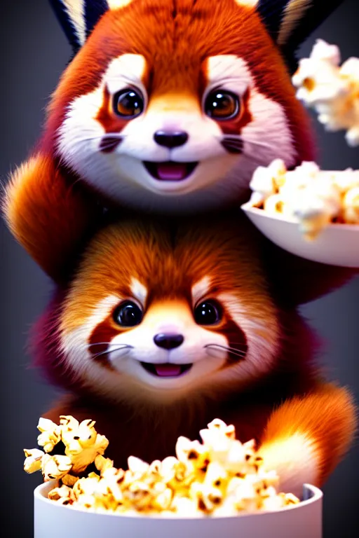 Image similar to high quality 3 d render hyperrealist very cute happy red panda & cat hybrid stuffing face with popcorn, vray smooth, in the style of detective pikachu, very dramatic light, low angle, uhd 8 k, shallow depth or field