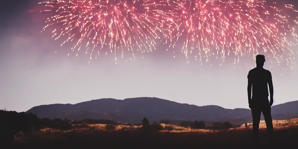 Prompt: Film still. Silhouette of young man. From behind. Centered. At night. Hills in the distance. Red fireworks far off in the sky. Cinematic lighting.