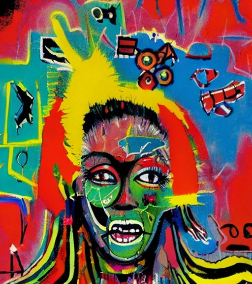 Prompt: acrylic painting of a bizarre nightmare woman in a rainbow in tokyo, mixed media collage by basquiat and jackson pollock, maximalist magazine collage art, retro psychedelic illustration