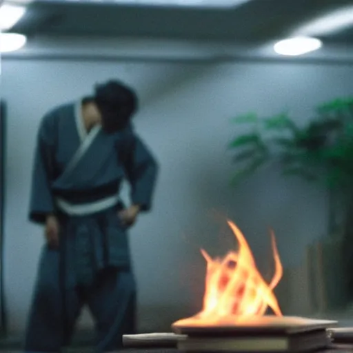 Image similar to cinematic film still of JID starring as a Japanese Sensei with fire, Japanese CGI, VFX, 2003, 40mm lens, shallow depth of field, film photography