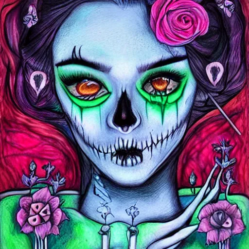 Image similar to tinker bell, horror, skull, flowers, scary, drawn by Harumi Hironaka