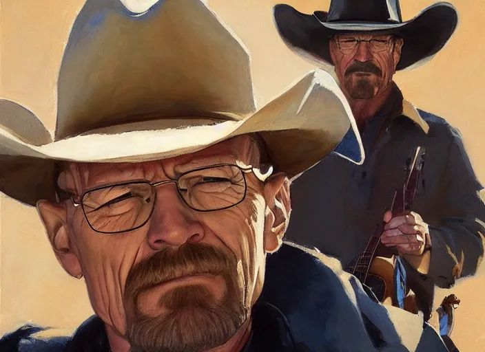 Prompt: a highly detailed beautiful portrait of walter white wearing a cowboy hat as a mariachi, by gregory manchess, james gurney, james jean