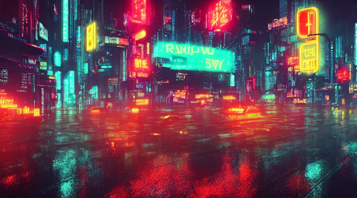 Image similar to retro cyberpunk retro city. street view. max hay. digital render. digital painting. night. raining. rain. neon. road signs. traffic lights. cables. advertisements. stalls. robot. dangiuz.