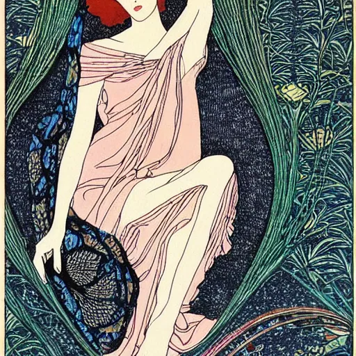 Image similar to art nouveau, colored woodblock print, beautiful woman reclining, harry clarke art style