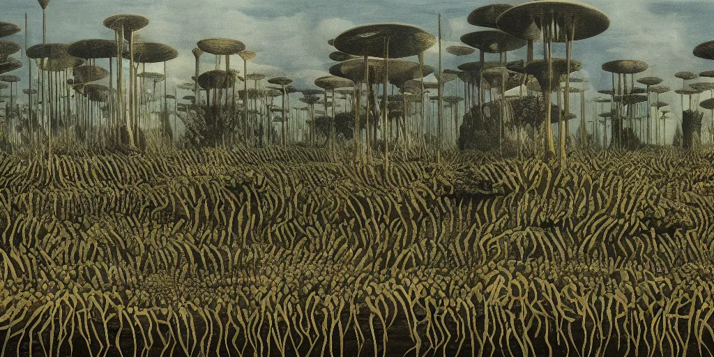 Image similar to Artwork of the Cinematic view of a diatoms forest by Giorgio de Chirico, Trending on artstation