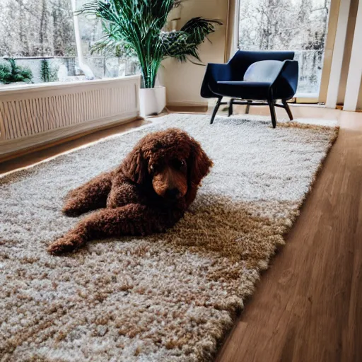 Prompt: a rug made out of a goldendoodle inside of a modern home, 8k, extremely detailed, interior design photography