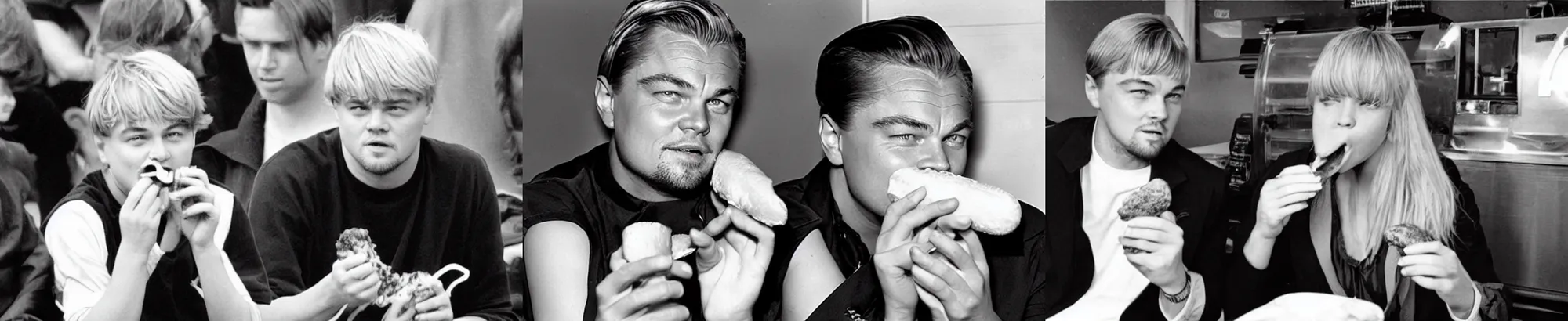 Prompt: Leonardo DiCaprio with a blonde bangs eating a hot dog. Old footage, 1960's