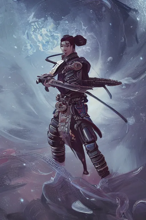 Prompt: sci fi samurai in action, 3d, third person, lasers, cosmic background, fantasy, intricate, elegant, highly detailed, lifelike, photorealistic, digital painting, artstation, illustration, concept art, sharp focus, art in the style of art nouveau