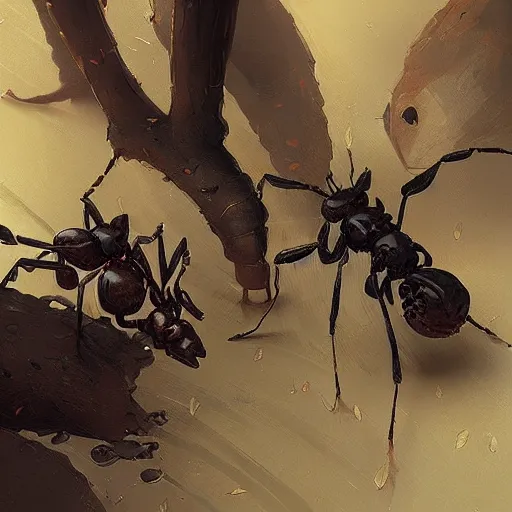 Prompt: ants carrying leaves, art by guweiz and greg rutkowski, matte, intricate, elegant, highly detailed, smooth, sharp focus, artstation,