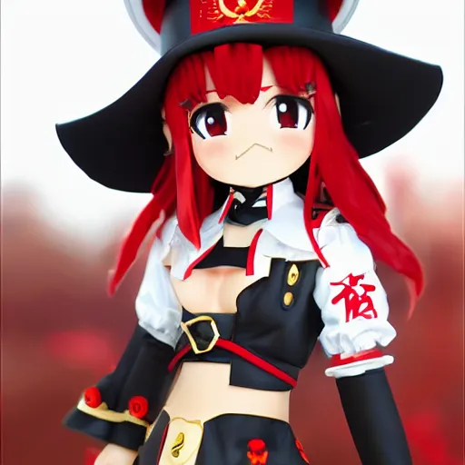 Prompt: Houshou Marine. Hololive character. Anime girl, 宝鐘マリン. Red pirate outfit and black pirate tricorn. brickred outfit colorscheme. Her name is Houshou Marine. Anime cute face. Yun Jin.