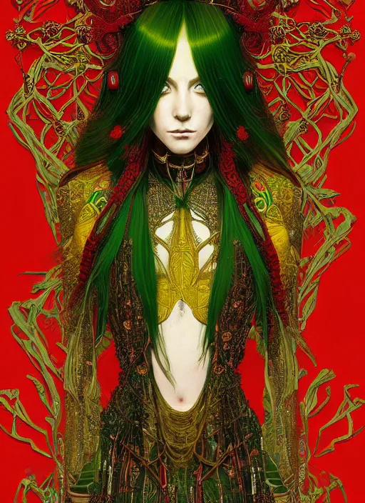 Prompt: a painting of a beautiful cyberpunk elven queen with long red hair, wearing green, red and gold ornate dress, golden intricate crown. detailed symmetrical full body portrait, intricate complexity, concept art, by takato yamamoto, makoto shinkai. cinematic dramatic atmosphere, sharp focus