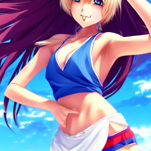 Image similar to a very beautiful young anime basketball girl greeting the camera, full body, long wavy blond hair, sky blue eyes, full round face, short smile, bikini, miniskirt, highly detailed, cinematic wallpaper by stanley artgerm lau