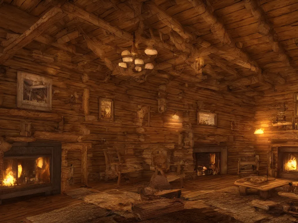 Prompt: Log cabin interior on stormy night, warm fireplace, hdr, ue5, unreal engine 5, cinematic 4k wallpaper, ultra detailed, high resolution, artstation, award winning.