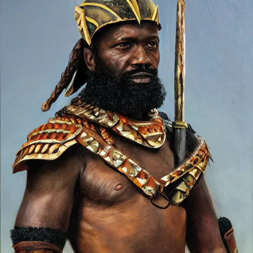Prompt: one bearded african american spartan warrior. wearing intricate breastplate. oil painting. by wayne barlow.
