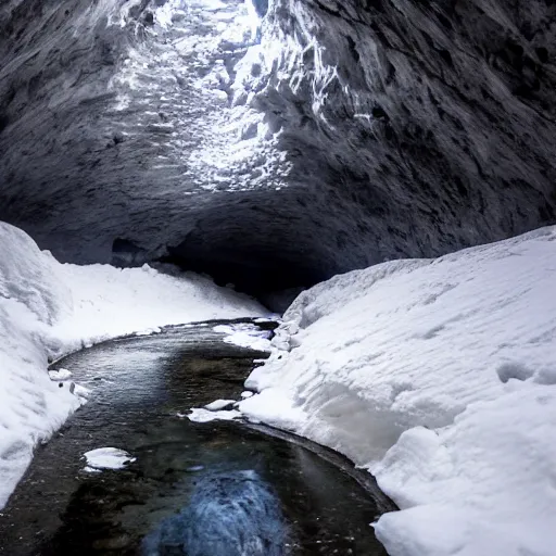 Prompt: dark ice cave with low ceiling and narrow rough river running through it, surreal,