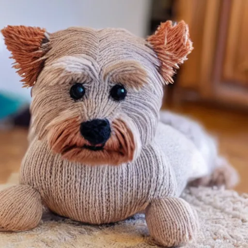 Image similar to a closeup photorealistic smiling knitted plush yorkshire terrier.