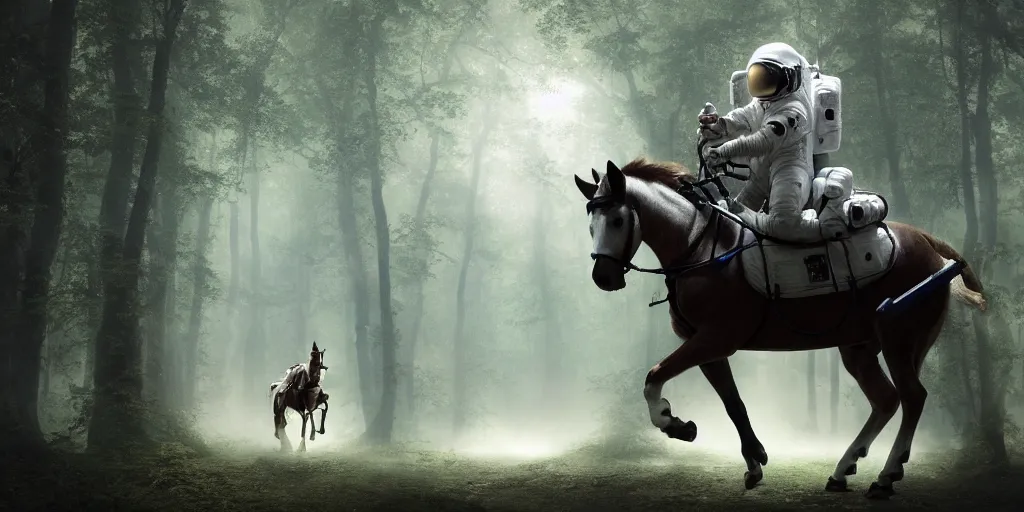 Image similar to an astronaut riding on the back of a white horse through a forest, a detailed matte painting by frieke janssens, featured on cgsociety, fantasy art, matte painting, reimagined by industrial light and magic, matte drawing