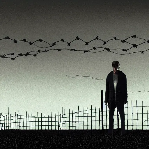 Image similar to a dystopian matte painting of a scared man standing in front of a fence with barbed wire, clouded sky by emiliano ponzi, james gilleard, george ault, david hockney, atey ghailan, albert namatjira, marius borgeaud, minimalist, bauhaus, retrofuturism, concept art, matte background, matte drawing, generative art