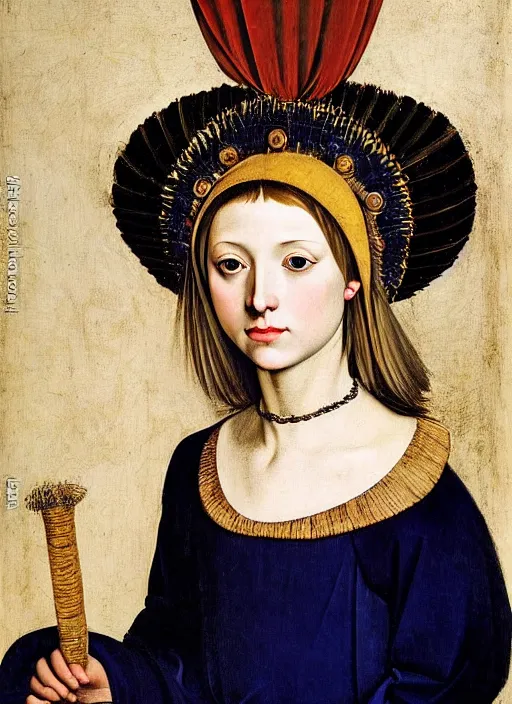 Image similar to portrait of young woman in medieval dress and medieval headdress, blue eyes and blond hair, style by the caravaggio